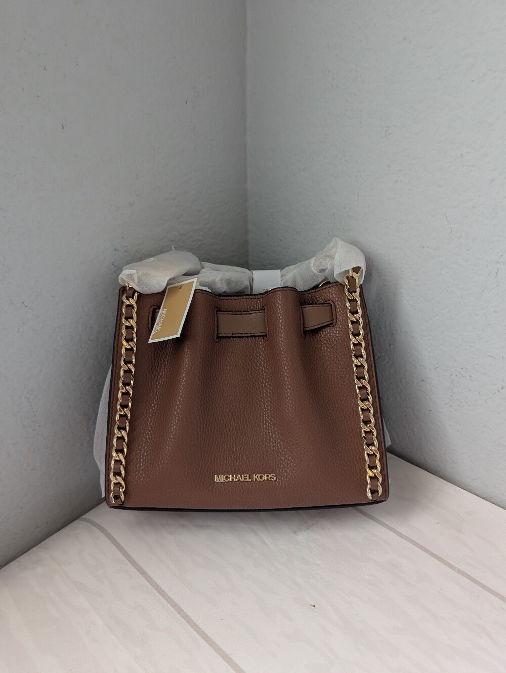 NWT Michael Kors Mina Small MK Belted Chain Shoulder Crossbody Bag In Luggage